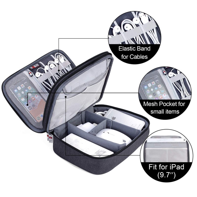 BUBM Electronic Organizer, Double Layer Travel Gear Bag for Cables, Plugs, Flash Hard Drive, Power Bank and More--a Sleeve Pouch for iPad (Large, Black) - Image 5